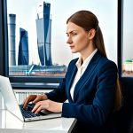Business Professional**

"A successful businesswoman in Moscow, wearing a stylish yet modest business suit, working on a laptop at a modern office desk with the Moscow skyline in the background, fully clothed, appropriate attire, safe for work, perfect anatomy, natural proportions, professional photography, high quality, professional setting."

**