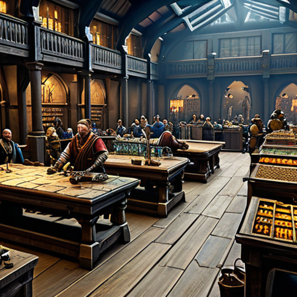 히트2 유저간 거래 팁 - Bustling Auction House**

"A vibrant and crowded marketplace scene inside a grand auction house in H...