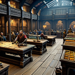 히트2 유저간 거래 팁 - Bustling Auction House**

"A vibrant and crowded marketplace scene inside a grand auction house in H...