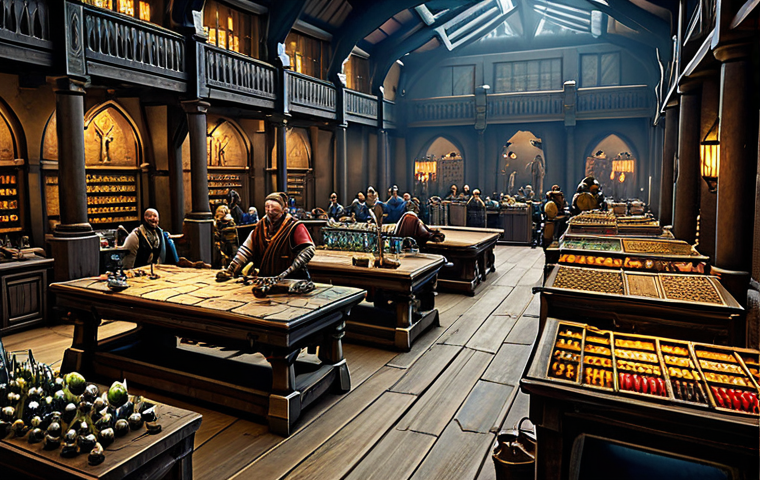 히트2 유저간 거래 팁 - Bustling Auction House**
"A vibrant and crowded marketplace scene inside a grand auction house in H...